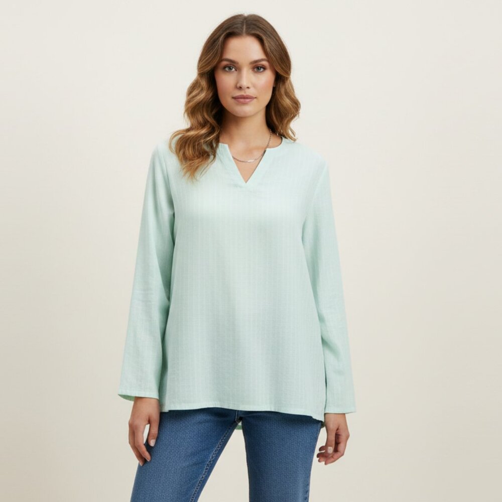 Custom-made Hand Stitched Blouse Womens L Mint Green Minimalist Long Sleeve Top